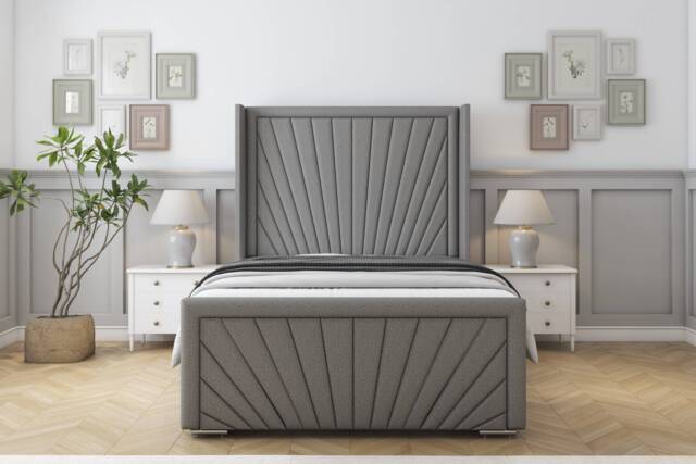 "Sloomy Rutherford Pewter Dumfries Bed Frame With Mattress With 50"" Upholstered Wingback Headboard 4'6 Double"