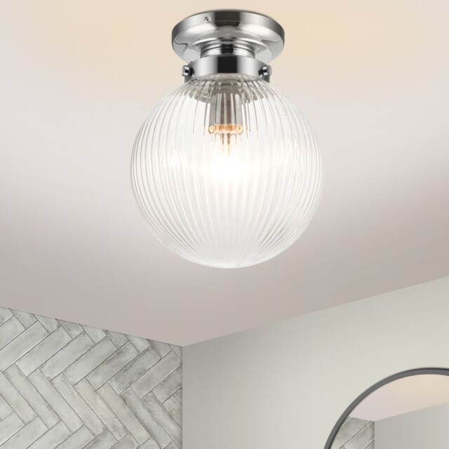 COSYLYTE Finley Bathroom Light Classic Ribbed Glass Ceiling Light - Chrome Base Chrome 1