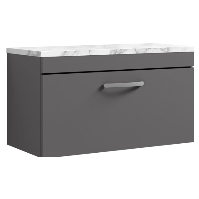 Balterley Millwich Contemporary 1 Drawer Wall Hung Vanity Unit with Laminate Carrara Marble Worktop, Gloss Grey, 800mm