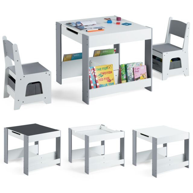 COSTWAY Kids Table and Chairs Set Toddler Wooden Grey