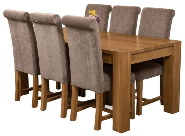 Kuba 180 x 90 cm Chunky Oak Dining Table and 6 Washington Fabric Chairs Grey Grey