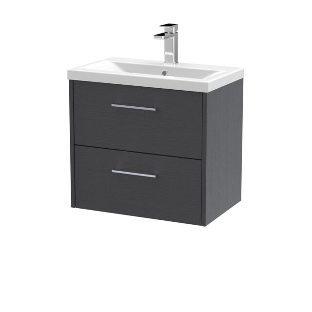 Balterley Winshill Contemporary 2 Drawer Wall Hung Vanity Unit with Mid-Edge Basin, Woodgrain Dark Grey, 600mm