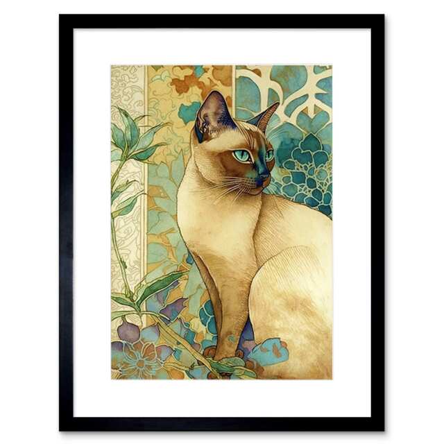 "Tonkinese Cat Art Nouveau Botanical Patterns Watercolour 9x7"" Black Framed Wall Art Print"