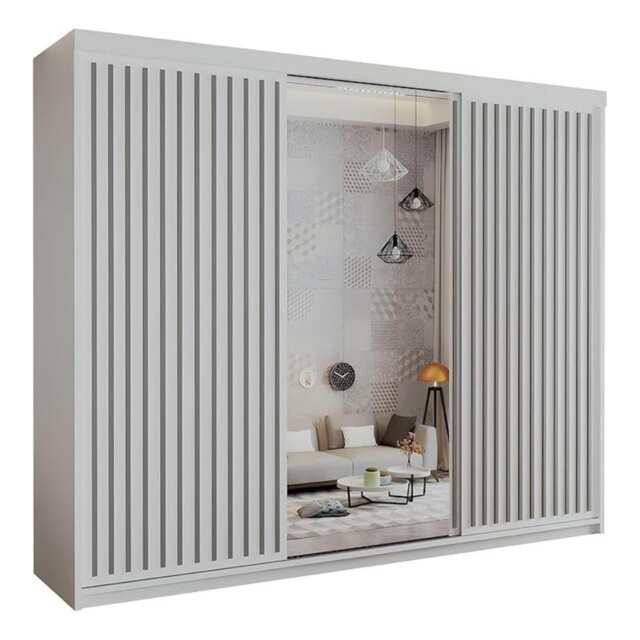 Sliding Wardrobes 4U Modern Vertical Panelled Mirror Sliding Wardrobe – 150cm to 250cm, White, Black, Grey, Oak White (Grey Strip) 250cm
