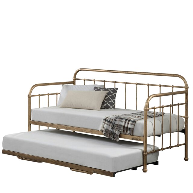 Ickleford Industrial Living Room Bedroom Brass Metal Day Bed Frame w Trundle (Single)