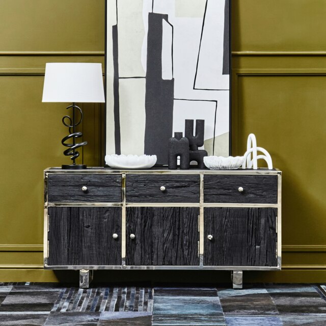 Orsina Black Sideboard, Matte Black 3‑Door Buffet Storage Unit, Contemporary Wooden Sideboard for Dining Room