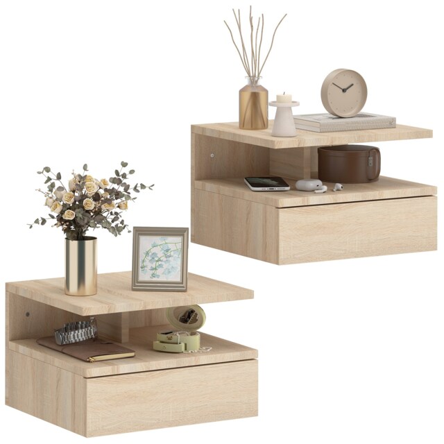 HOMCOM Floating Bedside Table Set of 2, Wall Mount Nightstands with Storage Drawer and Open Shelf for Bedroom, Oak Tone