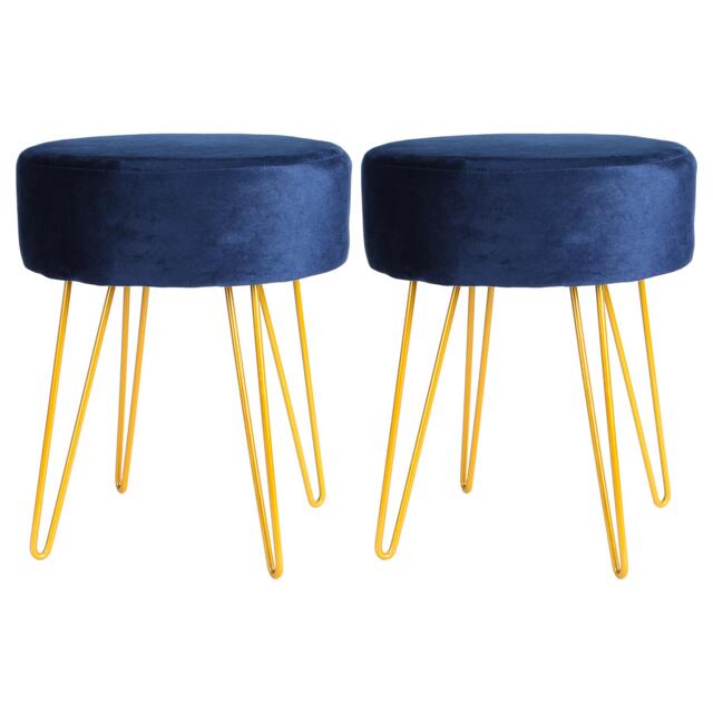 Harbour Housewares 2x Velvet Footstools - Round Modern Dressing Table Footstool Vanity Seat Chairs - 40 x 35cm - Blue/Gold Blue Blue/Gold Pack of 2 2