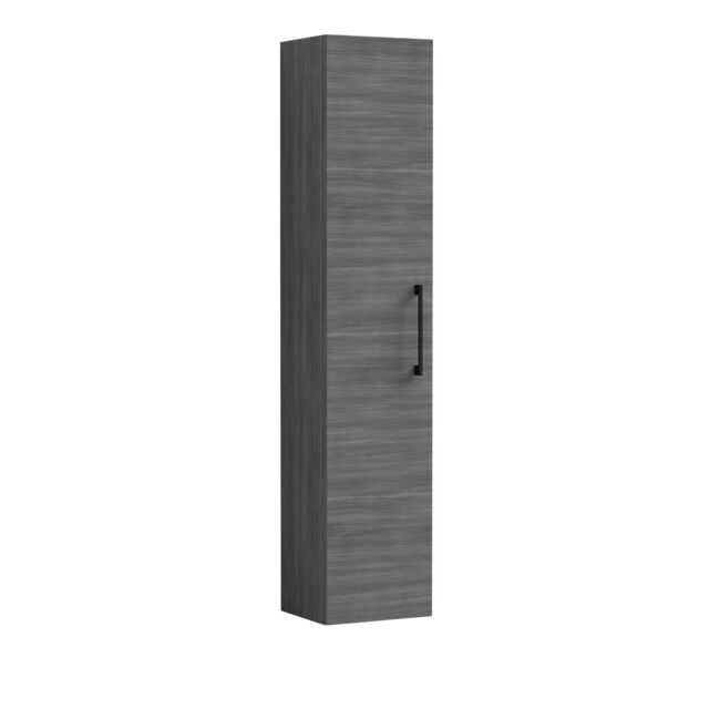 Balterley Level Modern Bathroom 1 Soft Close Door Wall Hung Tall Storage Unit, with Handle Grey Grey Woodgrain