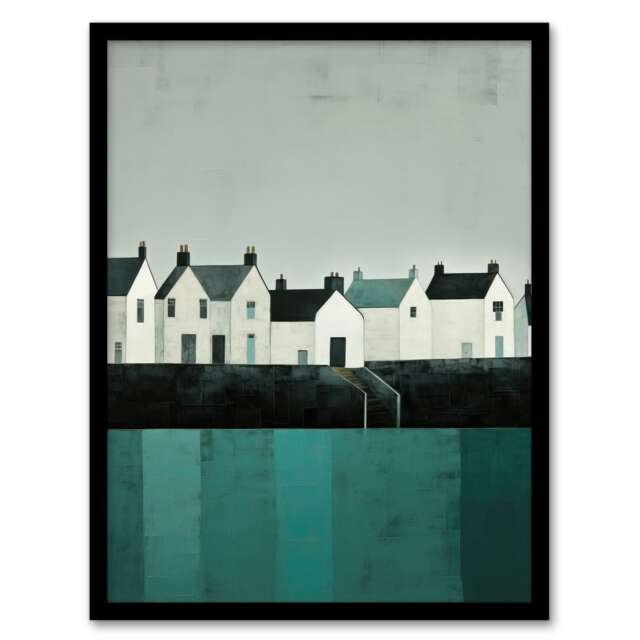 Scottish Harbour Morning Grey Sky Quiet Sea Black Framed Wall Art Print A4