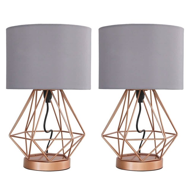 ValueLights Melrose Pair Copper Metal Cage Touch Table Lamps Grey Shade and Bulbs