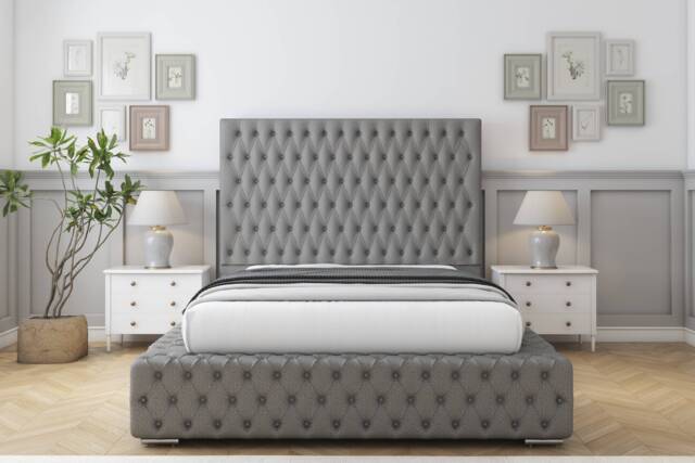 "Sloomy Ambassador Pewter Dumfries Bed Frame With Mattress With 50"" Upholstered Headboard 4'6 Double"