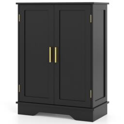 Bathroom Storage Cabinet, Floor Cabinet Doors & 3-Tier Adjustable Shelf, Freestanding Sideboard Anti-Tipping Device & Anti-Slip Foot Pads for Bathroom, Laundry & Living Room, Black
