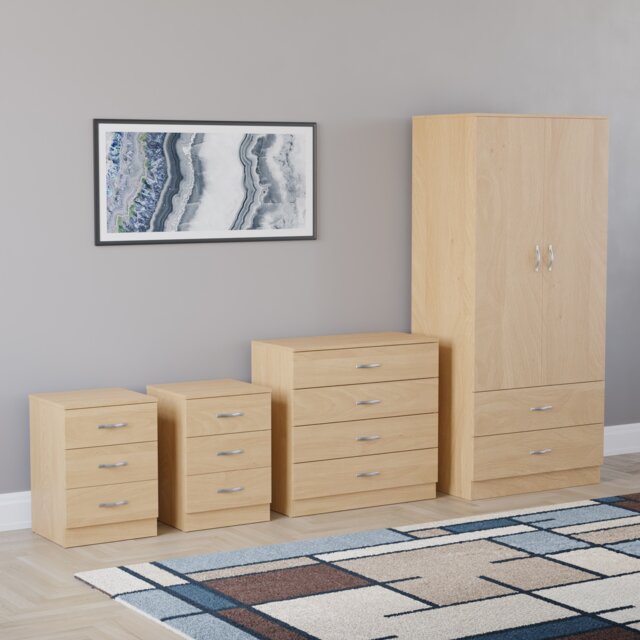Vida Designs Riano 4 Piece Bedroom Set (2x 3 Drawer Bedside Chest, 4 Drawer Chest, 2 Door 2 Drawer Wardrobe) - Pine