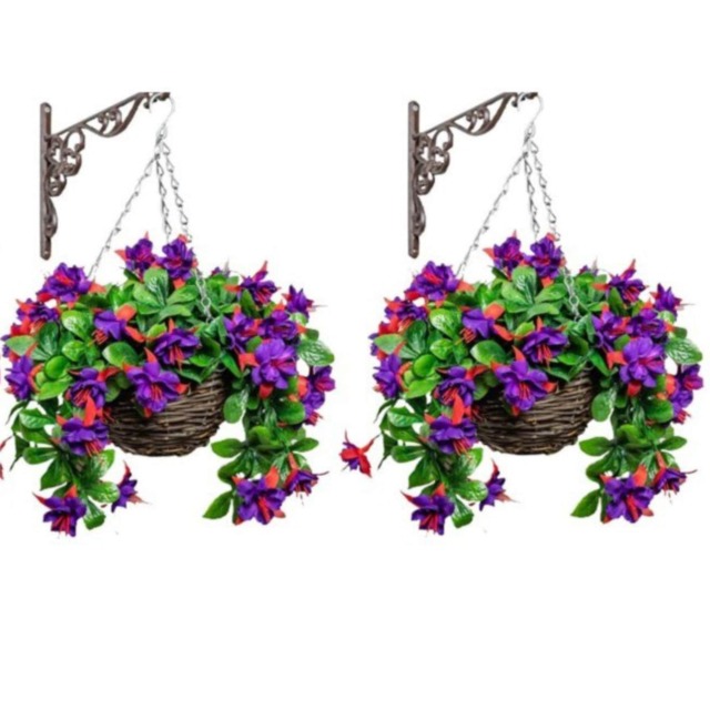 Pair of Artificial Fuchsia Flowers Rattan Hanging Basket Decoration Purple 25cm