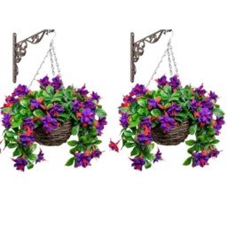 Pair of Artificial Fuchsia Flowers Rattan Hanging Basket Decoration Purple 25cm