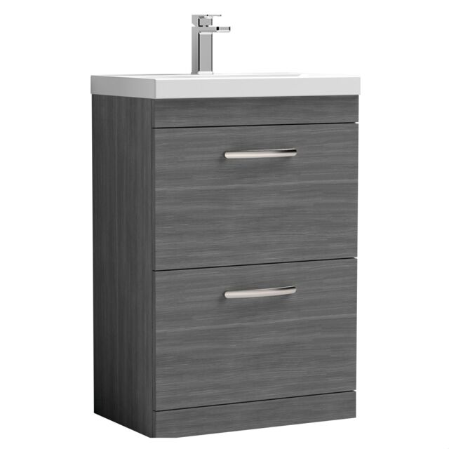 Balterley Millwich Contemporary 2 Drawer Floor Standing Vanity Unit with Thin Edge Basin, Anthracite Woodgrain, 600mm