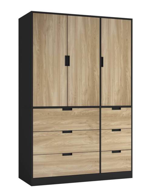 RIGA 3 Door 6 Drawer Wardrobe Black Black & Oak 10 x 44.5 x 79 1