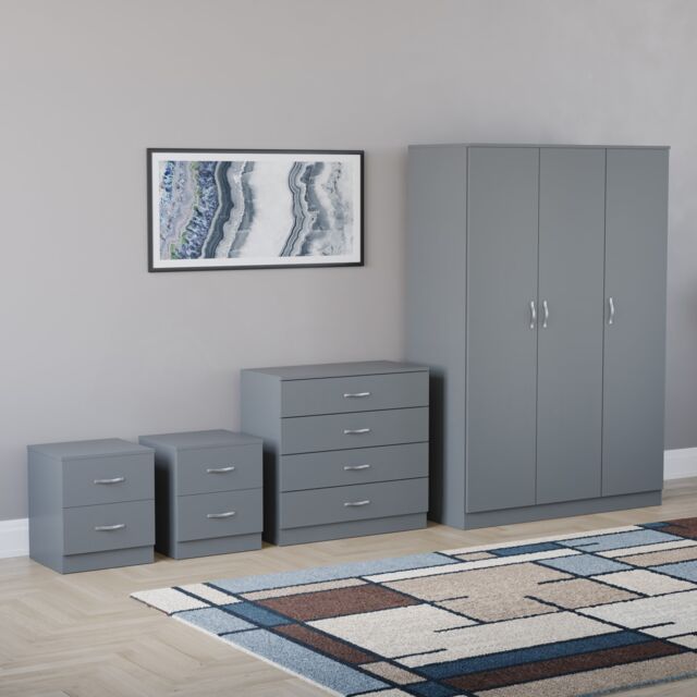 Vida Designs Riano 4 Piece Bedroom Set (2 Drawer Bedside Chest, 4 Drawer Chest, 3 Door Wardrobe), Grey (6)
