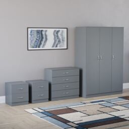 Vida Designs Riano 4 Piece Bedroom Set (2 Drawer Bedside Chest, 4 Drawer Chest, 3 Door Wardrobe), Grey (6)