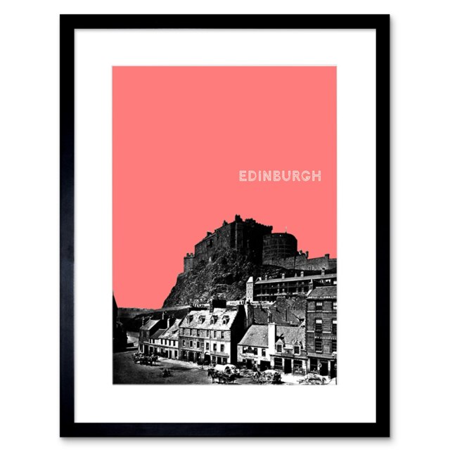 "Grassmarket Edinburgh Castle Scotland Scottish Coral 9x7"" Black Framed Wall Art Print"