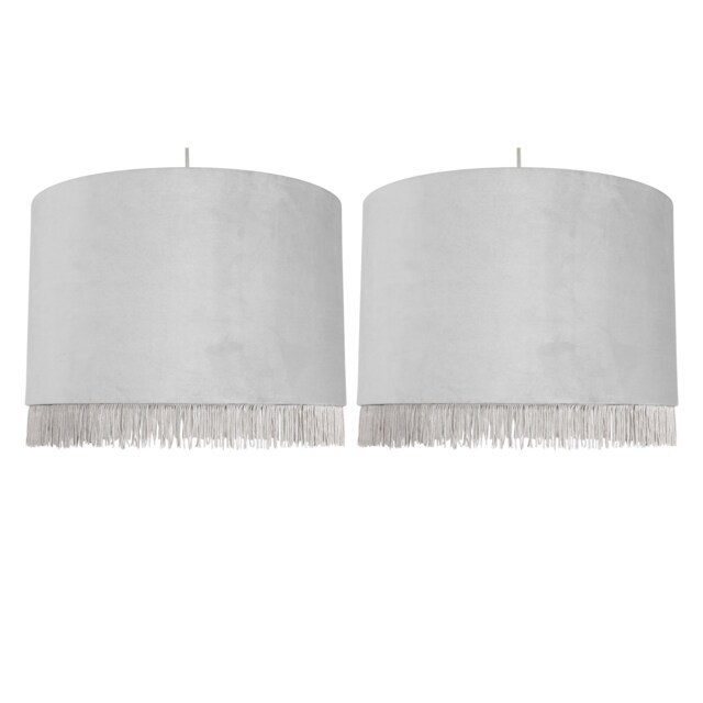 Set of 2 Fringed - Silvery Grey 38cm Fringed Velvet Pendant Shades Silver Large 2
