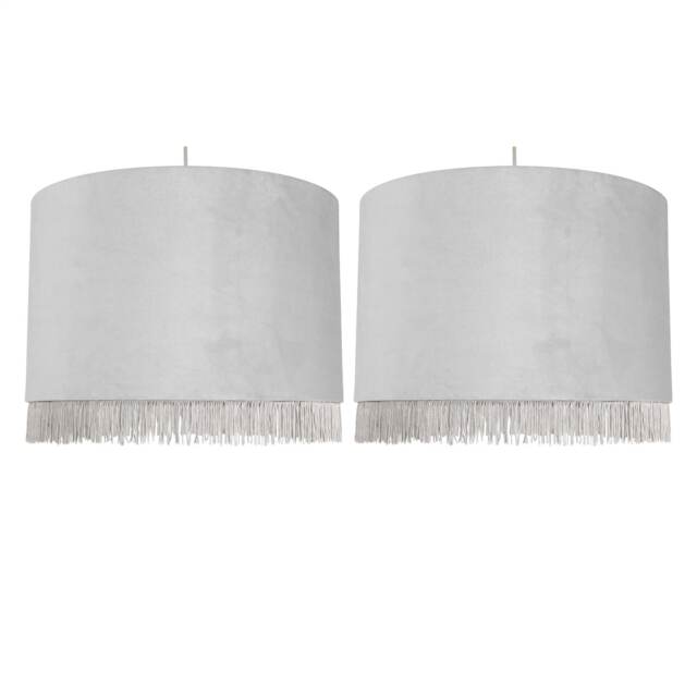 Set of 2 Fringed - Silvery Grey 38cm Fringed Velvet Pendant Shades Silver Large 2