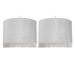 Set of 2 Fringed - Silvery Grey 38cm Fringed Velvet Pendant Shades Silver Large 2