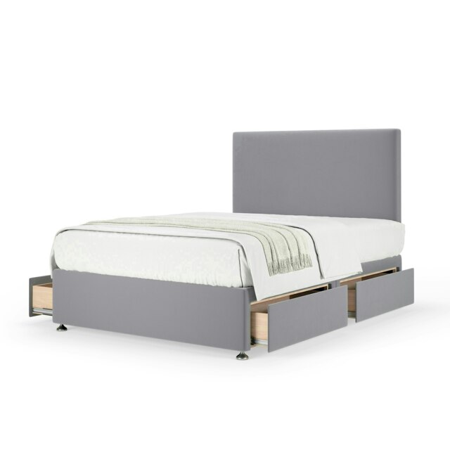 Neptune Spring Silver Plush Velvet 4 Drawer Divan Set And Valencia Headboard Super King