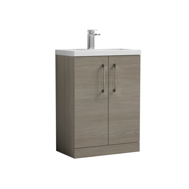 Balterley Level Compact Bathroom Cloakroom Vanity Basin Unit with Ceramic Basin, Handles, Mid Oak Brown Grey Vicenza Oak 840 x 620 x 360mm