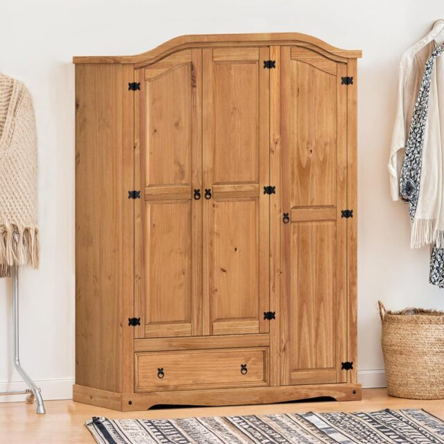 Mercers Furniture Corona 3 Door 1 Drawer Wardrobe Triple Robe Solid Wood Pine with Mexican Wooden Styling Bedroom
