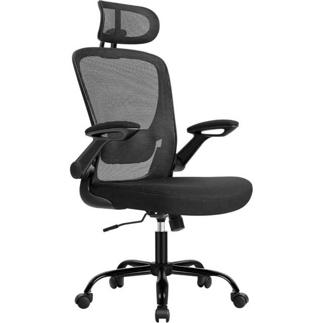 Ergonomic Mesh Office Chair with Headrest, Lumbar Support, Foldable Armrests and Tilt Function, Ink Black