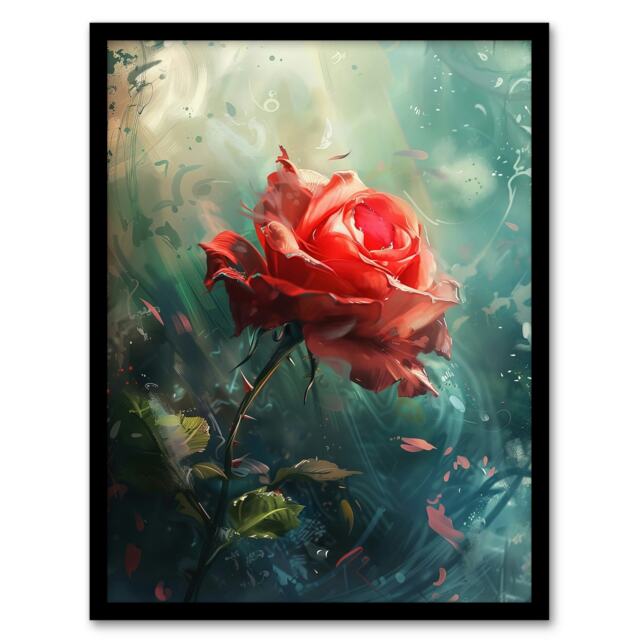 Single Red Rose Flower Morning Mist Living Room Black Framed Wall Art Print A4