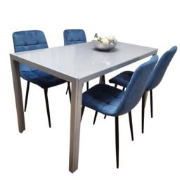 Dining Table and 4 Blue Velvet Chairs Grey Glass Table 4 Velvet Chairs Dining Room Furniture