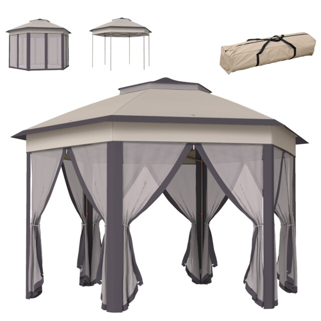 Outsunny 3x4m Hexagon Gazebo w/ Mesh Curtains Outdoor Garden, Beige White