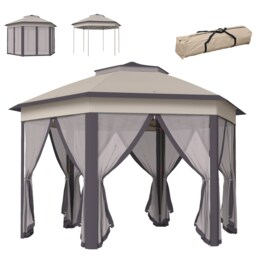 Outsunny 3x4m Hexagon Gazebo w/ Mesh Curtains Outdoor Garden, Beige White
