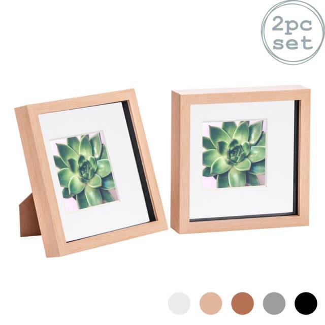 "Nicola Spring 8 x 8"" Photo Frames - Light Wood/White Mount - 3D Picture Frame Box Portrait Display Case (22.5 x 22.5cm) Set of 2"