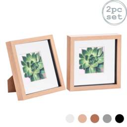 "Nicola Spring 8 x 8"" Photo Frames - Light Wood/White Mount - 3D Picture Frame Box Portrait Display Case (22.5 x 22.5cm) Set of 2"