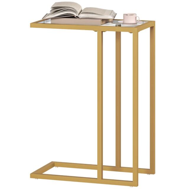 Tempered Glass C Shape Metal Side Table Gold