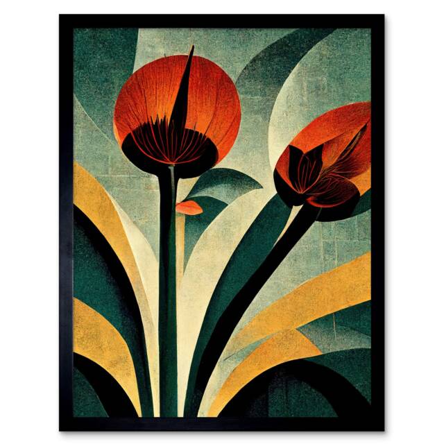 Single Flower Decor Painting Coral Navy Green Beige Framed Wall Art Print
