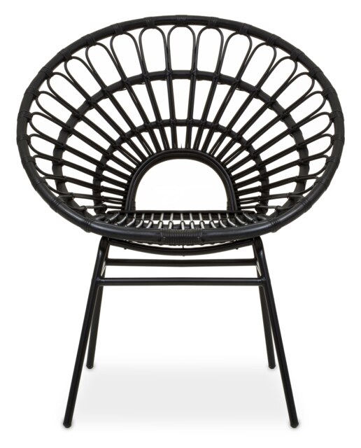 Orsina Natural Rattan Black Round Petal Chair with Black Metal Legs, Rattan Dining Chair, Rattan Lounge Chair