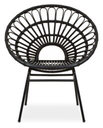 Orsina Natural Rattan Black Round Petal Chair with Black Metal Legs, Rattan Dining Chair, Rattan Lounge Chair