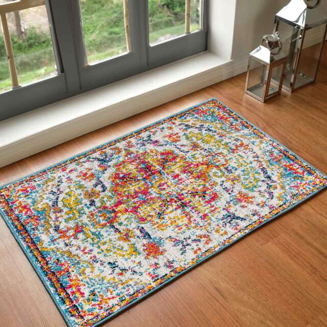LIVABLISS Harput-Vintage Traditional Boho Rug 60 x 90 cm Blue Orange Yellow Grey