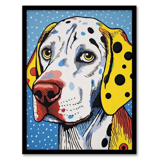 Pop Art Pup Dalmatian Dog Yellow Orange Home Decor Black Framed Wall Art Print A4