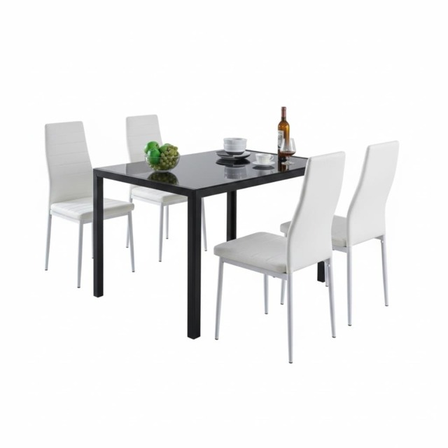 Black Glass Dining Table with 4 White Faux Leather Chairs Home Kitchen Dining Furniture
