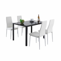 Black Glass Dining Table with 4 White Faux Leather Chairs Home Kitchen Dining Furniture
