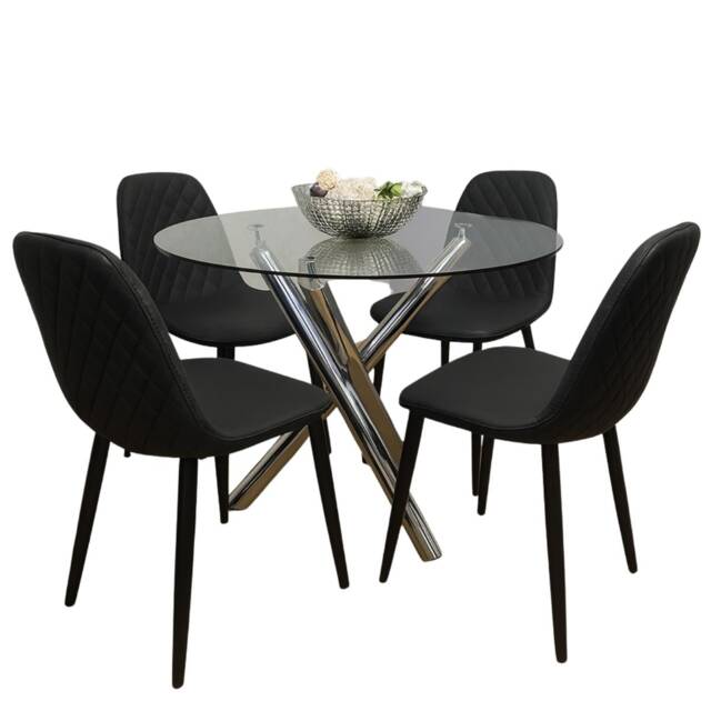 Round Clear Glass Dining Table with Chrome Metal Legs and 4 Black Faux Leather Chairs, Modern Dining Set