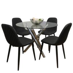 Round Clear Glass Dining Table with Chrome Metal Legs and 4 Black Faux Leather Chairs, Modern Dining Set