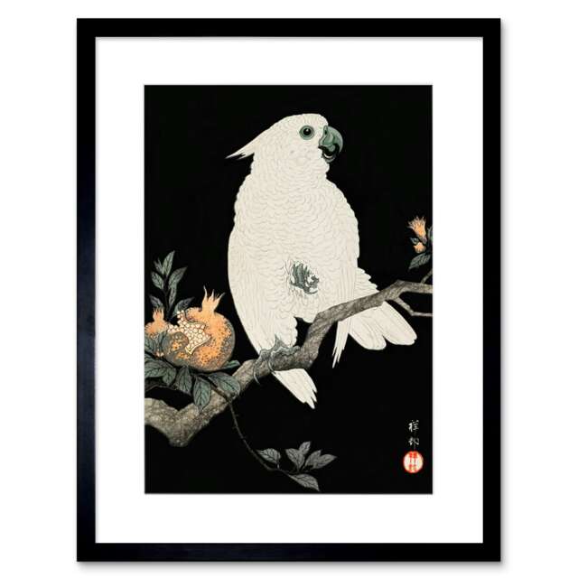 "Cockatoo Bird Vintage Japanese Art Ohara Koson 9x7"" Black Framed Wall Art Print"