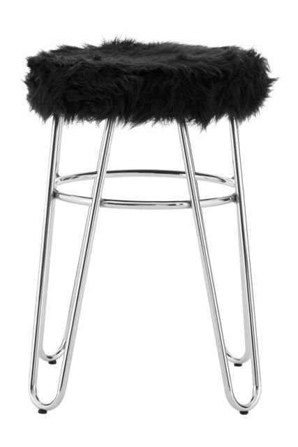 Orsina Chrome Metal and Black Faux Fur Stool, Small Hairpin Round Stool, Plush Fur Stool for Lounge, Bedroom